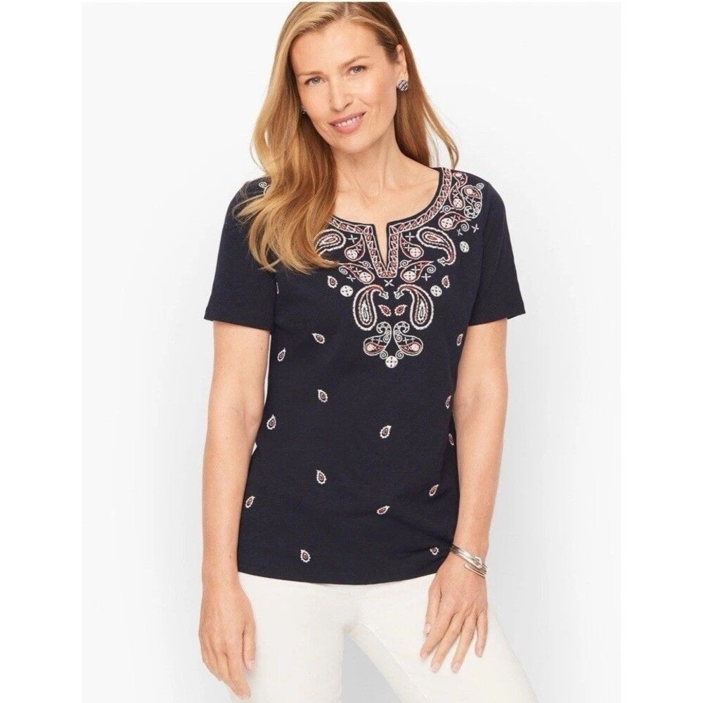 Talbots Embroidered Split Neck Navy Shirt Top 100% Cotton SS Petite Medium NWT